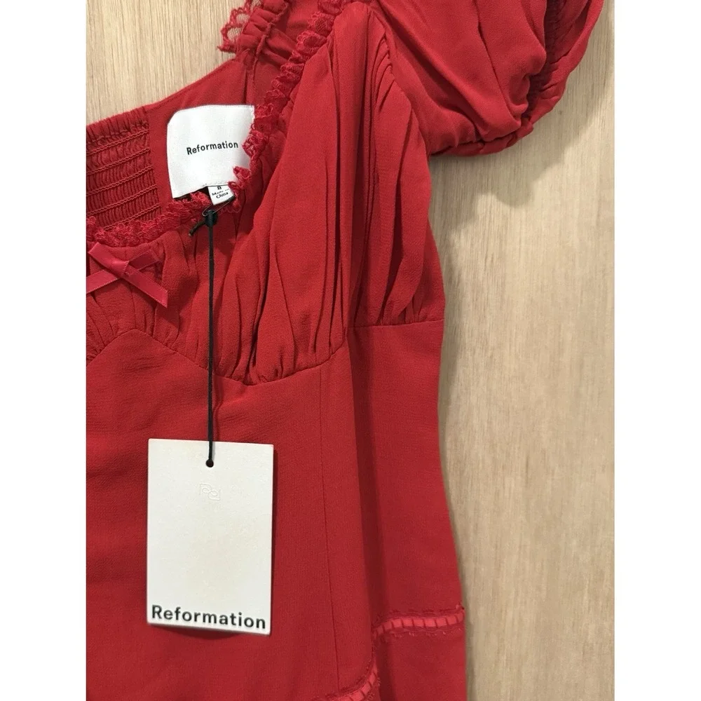 Reformation Ondine Dress Lipstick Red Lace Trim Milkmaid Mini Sz 8 NWT